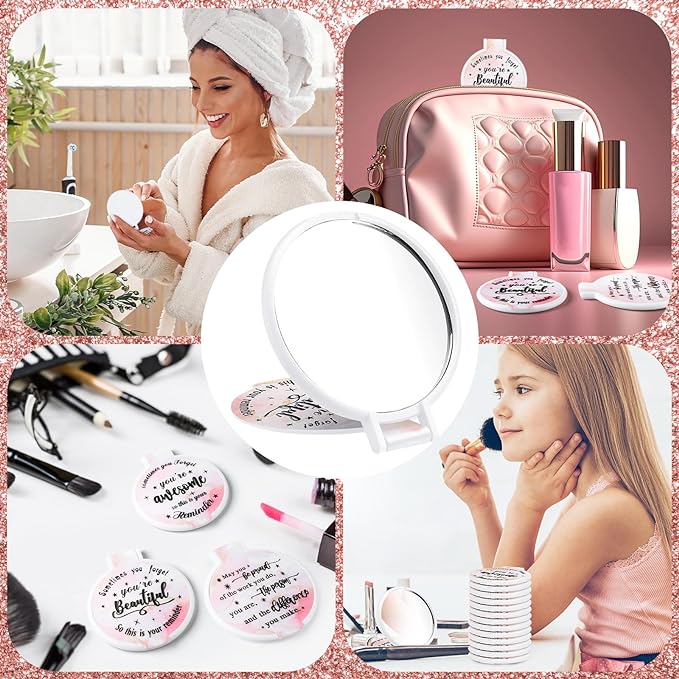 Wenqik 100 Pcs Compact Mirror Bulk Light Pink Gifts for Women Small Inspirational Pocket Purse Handheld Mirror Portable Round Makeup Folding Appreciation Gift for Christmas Valentine Daily Travel