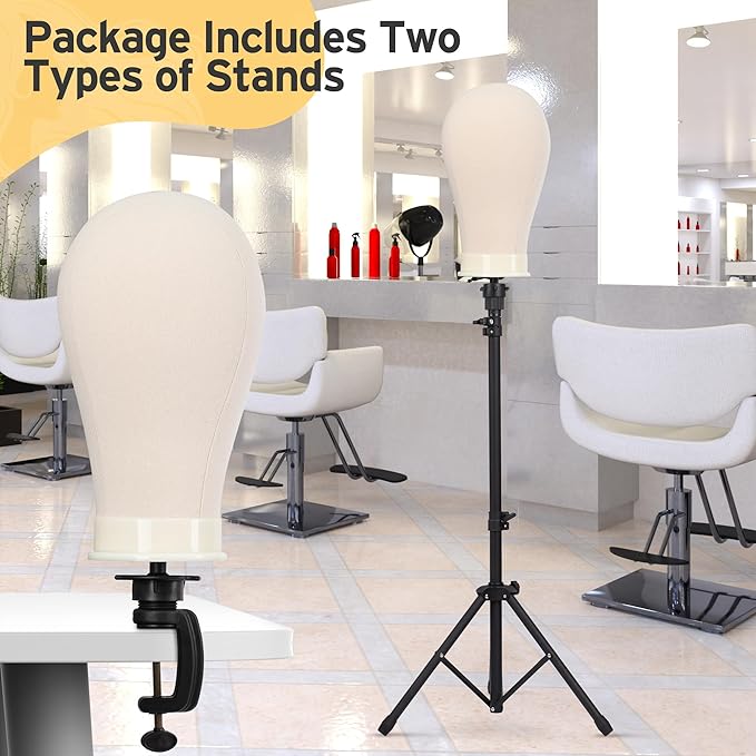 Klvied Reinforced Wig Mannequin Stand with Head, Dual-use 22 Inch Canvas Wig Head Display, Adjustable Clamp Wig Holder, Manikin Head Set for Cosmetology Hairdressing Training with Carrying Storage Bag