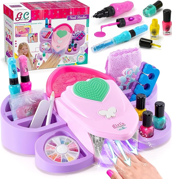 G.C Kids Nail Polish Set for Girls Toy 6-12 Years Old, Nail Art Kit Storage Desk with Nail Dryer&Hand Massage Spa Kit, Kid Manicure Salon Studio Stuff Christmas Birthday Gift Girl Ages 7 8 9 10 11 12