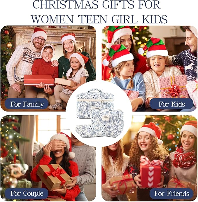 Makeup Bag, 3 PCS Quilted Makeup Bag, Cute Floral Cotton Cosmetic Bag set, Coquette Makeup Pouch Large Travel Toiletry Bag