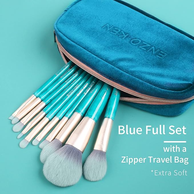 Blue Makeup Brushes Set with Case by ENZO KEN, Vegan Makeup Brush Set Professional, Cosmetic Brushes Makeup Set, Make up Brushes Vegan, Make up Brushes Set Professional, Wooden Makeup Brush Set Vegan