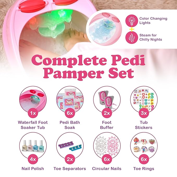 Glow in Dark Kids Spa Day Kit for Girls - 42+ Piece Set Waterfall Foot Spa - Perfect Spa Kit for Girls, Fun Pedicure and Party Supplies, Ideal for Girls Ages 6 7 8 9 10-12