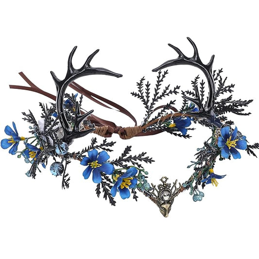 MOSTORY Light up Antler Crown - Handmade Blue Flower Elf Headpiece Forest Fairy Headband Elven Dark Circlet for Women Renaissance Cosplay Goth Wedding Renfaire Accessory