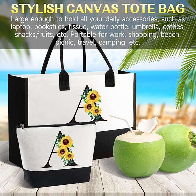 Personalized Canvas Tote Bag & Makeup Bag & Glass Cup - Monogrammed Sunflower Birthday Gifts for Mom, Sister, Best Friends - Initial Monogram Options