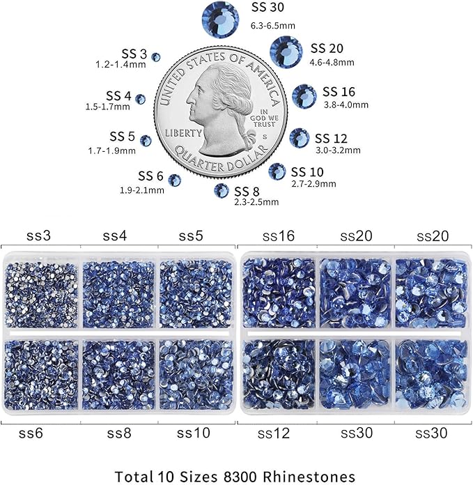 Beadsland 8300PCS Flatback Rhinestones, Light Blue Rhinestone Nail Gems Round Crystal Rhinestones for Crafts, Mixed 10 Sizes with Wax Pencil and Tweezer Kit, SS3-SS30, Light Sapphire