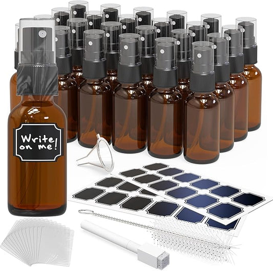 Nevlers 1 Oz Amber Glass Spray Bottles Small 24 Pack | Travel Spray Bottle Set w/Shrink Wrap, Funnel, Brush, Marker, & Labels | Dark Glass Bottles for Oil & Water | Perfume Travel Refillable Bottle