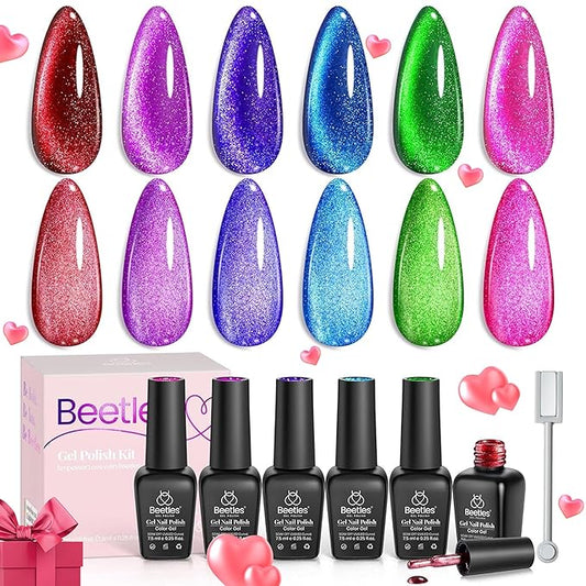 Beetles Cat Eye Gel Nail Polish, 6 Colors Cat Eye Glitter Gel Polish Set Spring Summer Neon Colors Red Pink Purple Blue Green with Magnet Velvet Kit French Nail Art Manicure Gift for Women