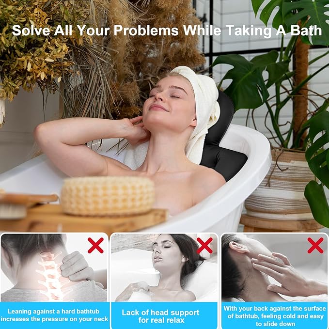 Full Body Bath Pillow, Luxury Bath Cushion with 192 Suction Cups, Bath Pillows for Tub for Head and Neck Support, with Laundry Bag Black, 51" x 16"