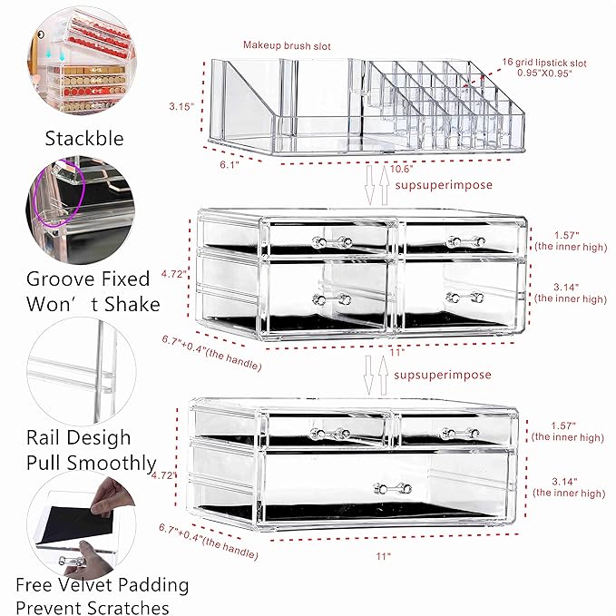 Cq acrylic 3 Pack Clear Makeup Organizer Countertop,Stackable 7 Drawers Skincare Organizer,Cute Skin Care Organizer for Vanity Hair Clip,Jewelry,Beauty Product Desk and Make Up Organizers for Vanity
