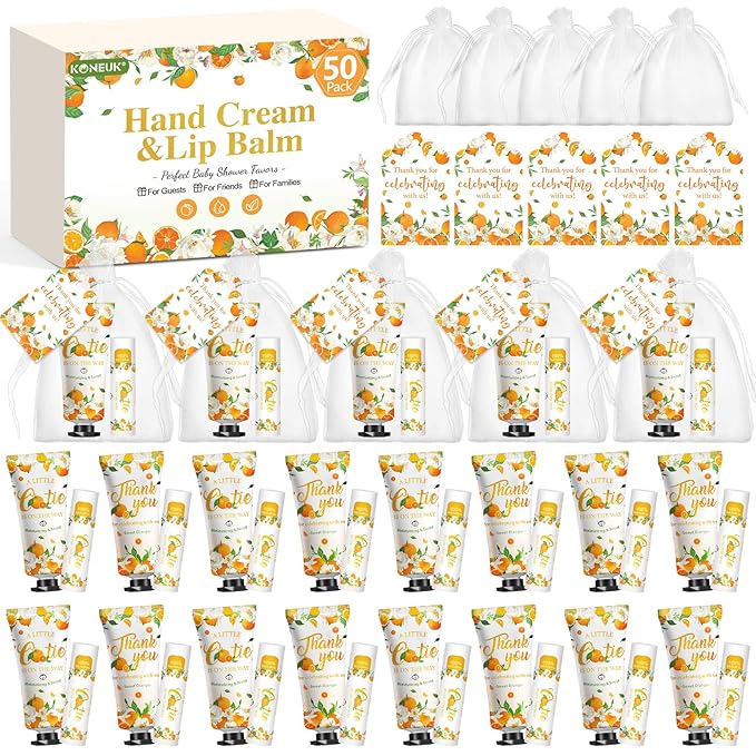 50 Pack Bulk Hand Cream and Bulk Lip Balm Gifts Sets, Bridal Shower Favors and Baby Shower Favors for Guests with Thank You Card and Organza Gift Bags, Appreciation Gifts, Baby Shower Prizes (Orange)