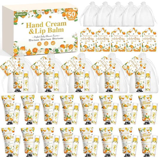 50 Pack Bulk Hand Cream and Bulk Lip Balm Gifts Sets, Bridal Shower Favors and Baby Shower Favors for Guests with Thank You Card and Organza Gift Bags, Appreciation Gifts, Baby Shower Prizes (Orange)