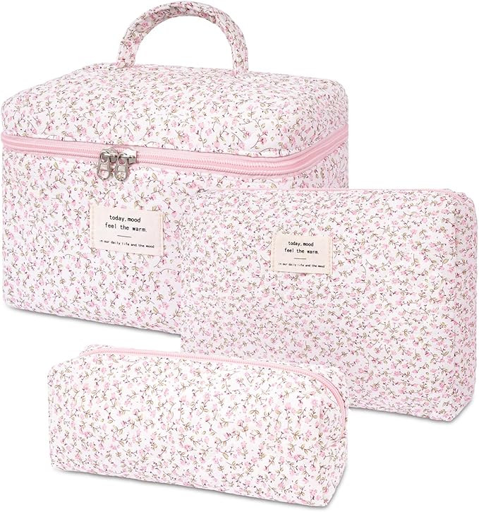 3PCS Quilted Makeup Bag Set, Cosmetic Pouch for Women, Travel Toiletry Bags with Zipper Closure, Coquette Floral Make up Organizers