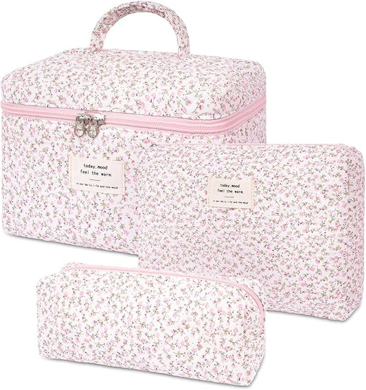 3PCS Quilted Makeup Bag Set, Cosmetic Pouch for Women, Travel Toiletry Bags with Zipper Closure, Coquette Floral Make up Organizers
