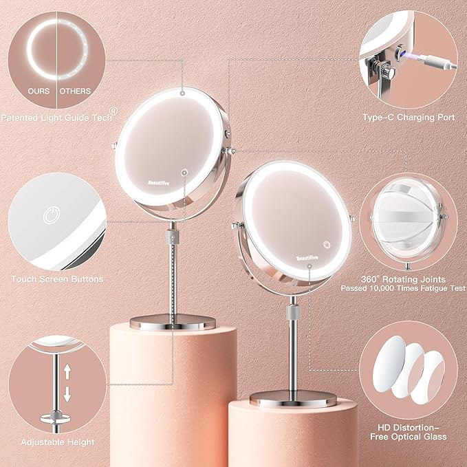 8” Large Lighted Makeup Mirror with Magnification, 15X/1X Rechargeable Magnifying Mirror with Lights, Stepless Dimming Light Up Table Mirror with Adjustable Height, 360° Rotation Vanity Makeup Mirror