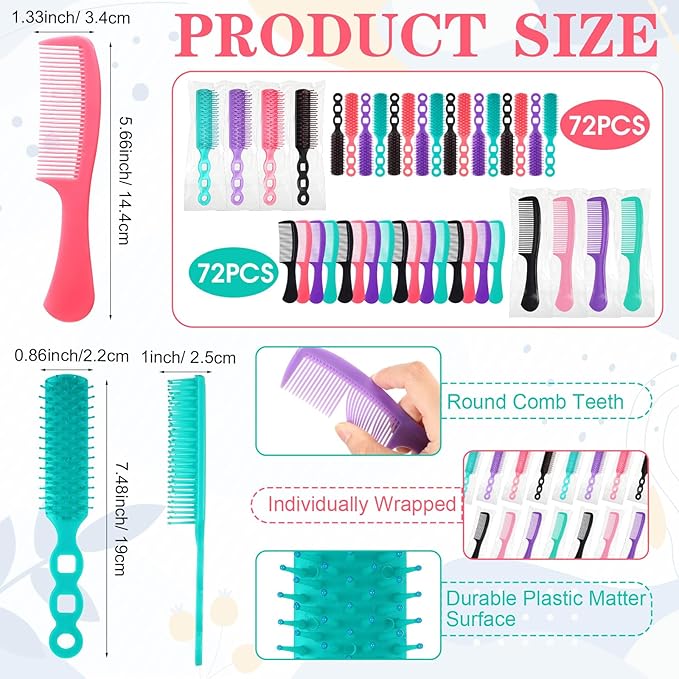 Baderke 144 Pack Individually Wrapped Hair Brushes Combs Set for Homeless, Detangling Brush Widen Combs for Curly Hair Suitable for Women Men Shelter Nursing Hotel Church Charity Supplies(4 Colors)