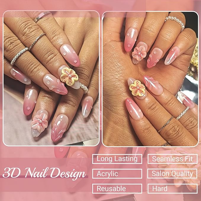 Handmade Acrylic Press On Nails Almond, Short Oval Press On Nails Pink, Ombre 3D Flower Nails For Women Gift, Reusable Stick On Fake Nails Kit With Nail Glue(3D Floral Blush-M)