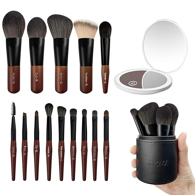 Jilier 14 pcs Mini Makeup Brushes and Pocket Mirror, Travel Makeup Brush Set, LED Compact Mirror with Light, Travel Size with Case, Portable for Handbag, Travel Essentials for Women
