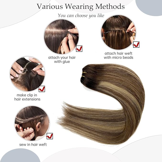 Sew in Hair Extensions - Real Human Hair Balayage Brown and Blonde Highlights Weft for Women, 14 Inch 80G Hand Tied Weft Human Hair Bundles