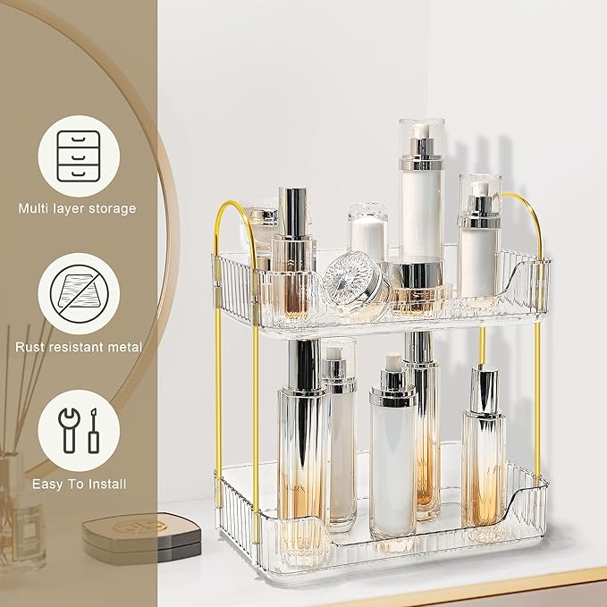Bathroom Counter Organizer Countertop Storage Skincare Countertop Makeup Organizer Cosmetics Skincare Organizers Holder for Perfume-Clear-Golden Pole