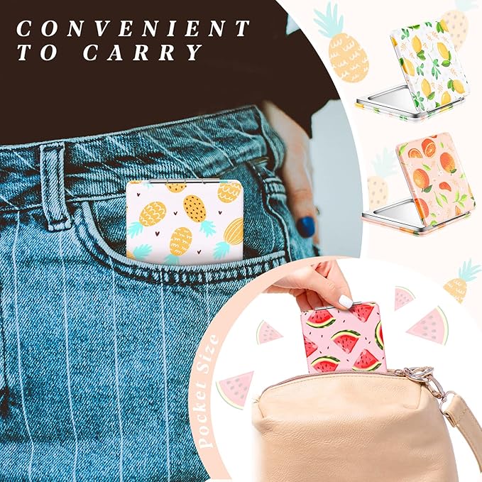 Vicenpal Compact Mirrors Small Pocket Fruit Design Mini Magnifying Portable Makeup Compact Pu Leather Double Sided Pocket Mirror for Women Girls Mother Kids Gift(24 Pcs)