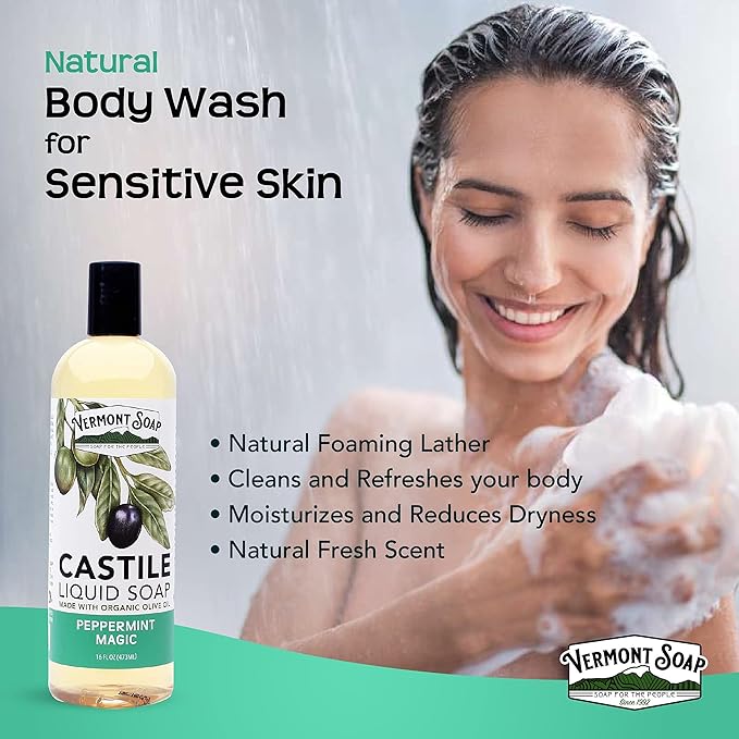 Vermont Castile Soap Peppermint, Gentle Liquid Soap for Sensitive Skin & Natural Body Wash, Organic Hair Shampoo for Oily Hair, Aloe Castile Soap for Men & Women - 16 Oz