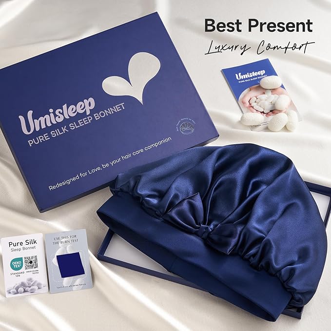 Umisleep Large Silk Bonnet for Sleeping Women, 100% Double Layer 22 Momme Mulberry Silk, Non Slip Hair Bonnet with Adjustable Band for Curly Long Hair, Navy Blue