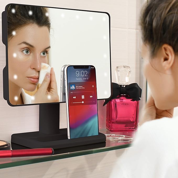 Aduro Vanity Mirror Makeup Mirror With Lights And Wireless Speaker, U-Reflect Beauty LED Wireless Swivel Smart Home Audio Mirror With Tray (Black)