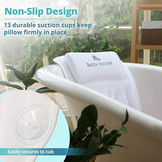 Bath Haven Bathtub Neck Support Pillow, Spa Cushion, Relaxing Headrest, Portable Washable Accessory with 3D Air Mesh Thick Soft Pillow