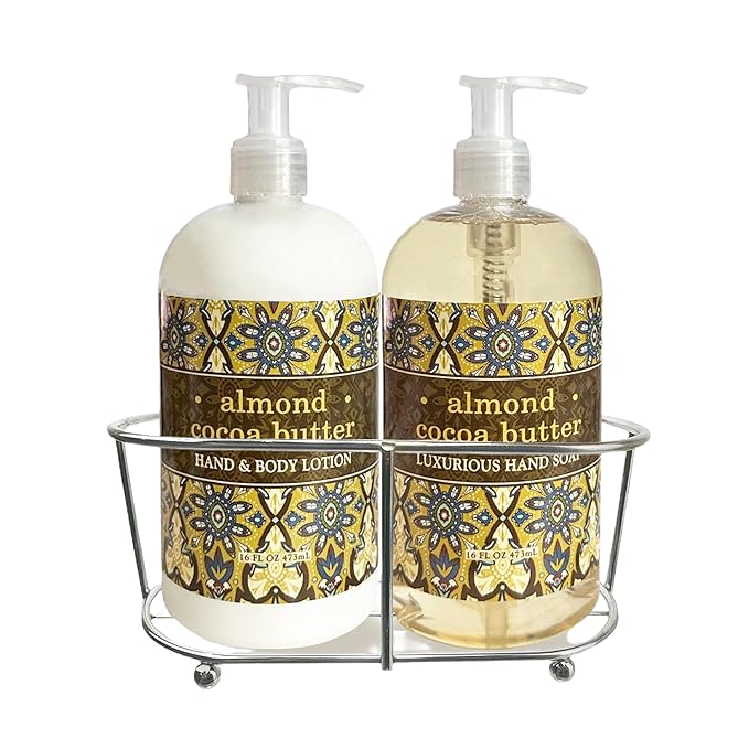 Three Piece Set: Hand & Body Lotion and Hand Soap Duo Set Enriched With Shea Butter 16 oz ea. in a Chrome Caddy Collection (Almond Cocoa Butter)