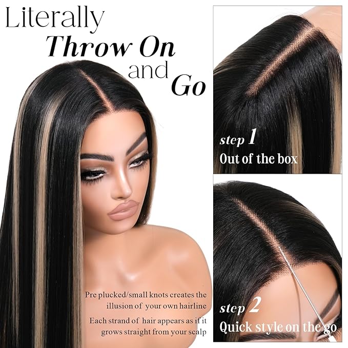 Black Mixed Blonde Lace Front Wig Straight Wigs for Women Synthetic Lace Front Black and Blonde Wigs Long Straight 13X5X1 HD Lace Front Wig Natural Looking Ready to Go Glueless Wig