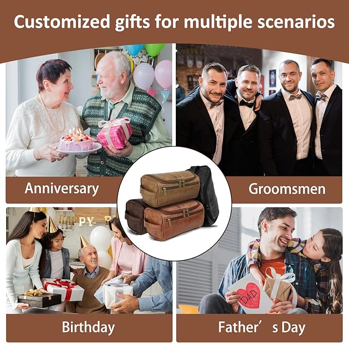 Personalized Toiletry Bag for Men, Dad, Custom Engraved with Pattern and Text Leather Travel Dopp Kit, Handcrafted Travel Gifts For Birthday, Christmas, Anniversary, Father's Day