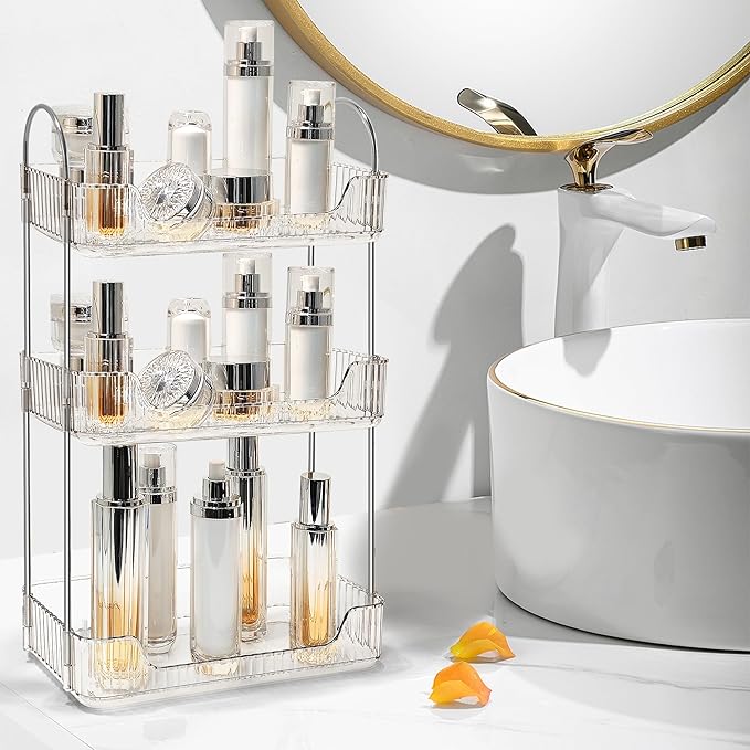 Bathroom Counter Organizer Countertop Storage Skincare Countertop Makeup Organizer Cosmetics Skincare Organizers Holder for Perfume-Clear White-Silver Pole-3 Tier