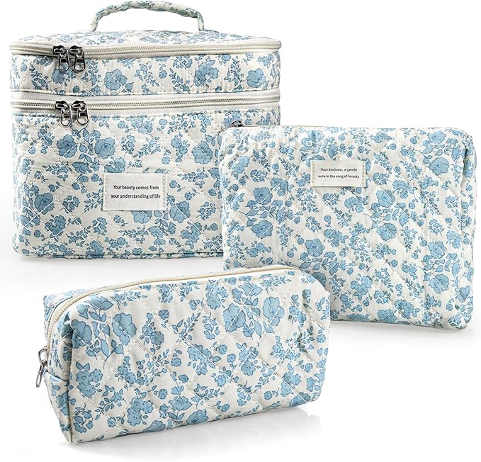 Cute Makeup Bag for Women(3 Pcs), Quilted Floral Coquette Aesthetic Make up Bags, Travel Cosmetic Bags Toiletry Organizer Bag (16 - Light Blue)