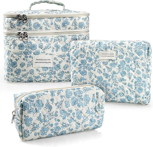 Cute Makeup Bag for Women(3 Pcs), Quilted Floral Coquette Aesthetic Make up Bags, Travel Cosmetic Bags Toiletry Organizer Bag (16 - Light Blue)