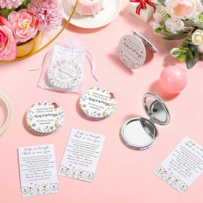 Geetery 24 Sets Mother's Day Inspirational Compact Mirror Gifts for Women Bulk Small Flower Makeup Pocket with Card Bag Double Sided Folding Mirror for Purse Wedding Return Bridal Shower, 4 Styles