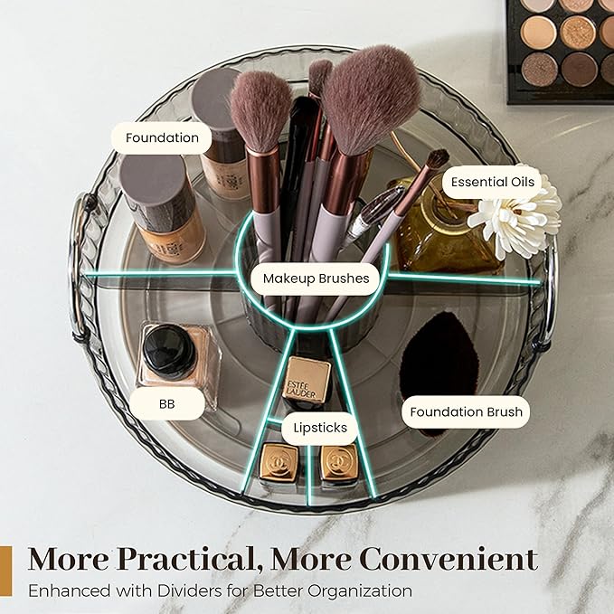 Aveniee 360° Rotating Makeup Organizer for Vanity, Upagraded Perfume Skincare Bathroom Counter Organizers with Brush Divider, Two Tier Spinning Lipstick Cosmetic Makeup Lotion Storage Organizer (Grey)