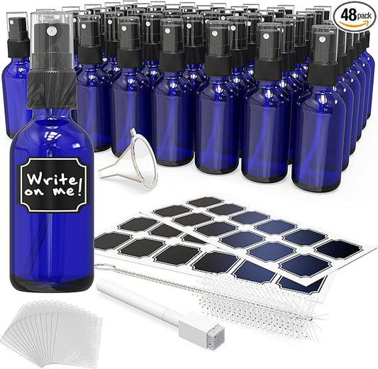 Nevlers Cobalt Blue 2 Oz Glass Spray Bottles 48 Pack | Small Spray Bottle for Hair Set w/Shrink Wrap, Funnel, Brush, Labels & Marker | UV Protected Atomizer Sprayer Glass Travel Containers for Liquids