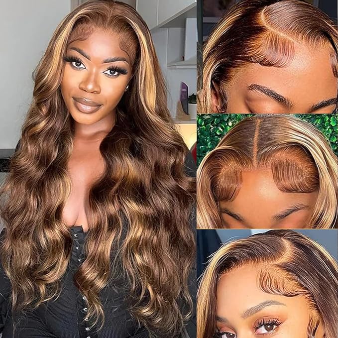 13x6 Body Wave Ombre Lace Front Wigs Human Hair for Women 180 Density 13x6 HD Transparent Lace Front Honey Blonde Wig Human Hair Pre Plucked with Baby Hiar 4/27 Color Glueless Wigs Human Hair 26 Inch