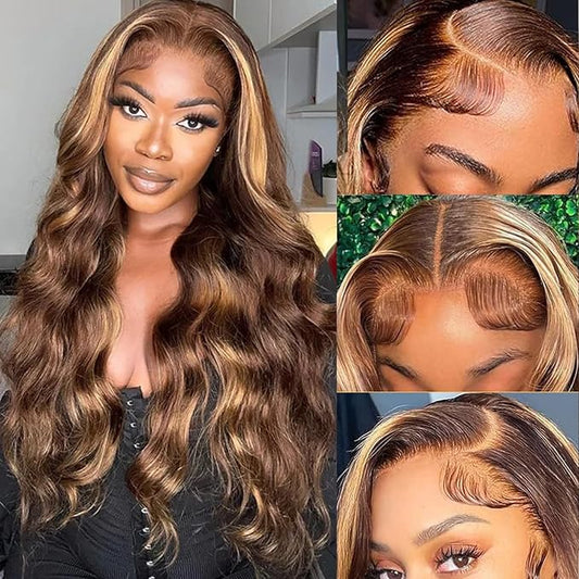 13x6 Body Wave Ombre Lace Front Wigs Human Hair for Women 180 Density 13x6 HD Transparent Lace Front Honey Blonde Wig Human Hair Pre Plucked with Baby Hiar 4/27 Color Glueless Wigs Human Hair 26 Inch