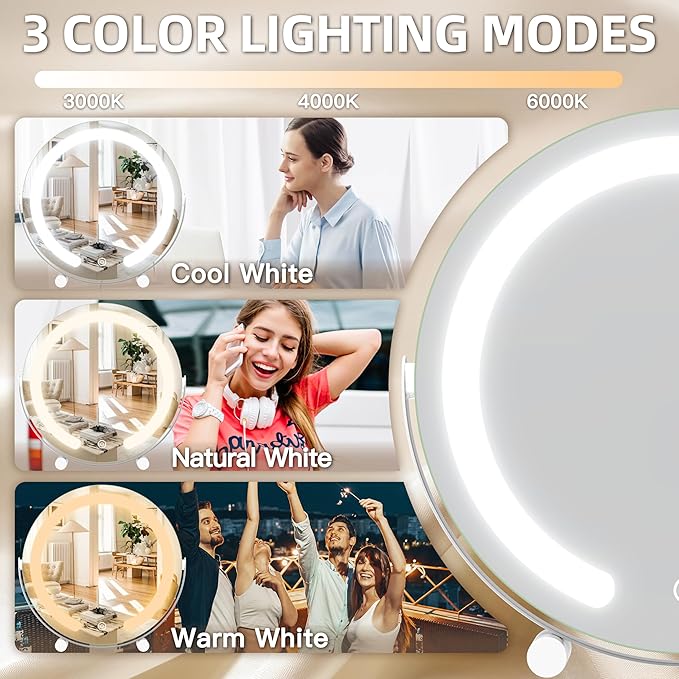 FENNIO Vanity Mirror with Lights, 13 inch COB LED Lighted Makeup Mirror, Round Makeup Mirror with Lights with 3-Color Lighting, 360° Rotation, Dimmable for Tabletop, Bedroom