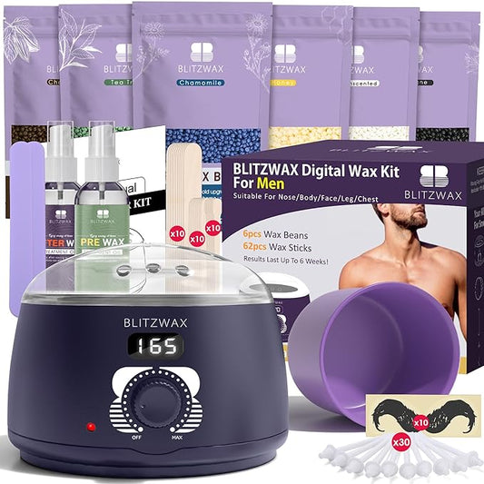 BLITZWAX Brazilian and Bikini Waxing Kit for Men, Hard Wax Warmer for Face, Legs, and Body, At Home Hair Removal Kit, Beginner Friendly, Quick Heating, 30 Nose Wax Sticks