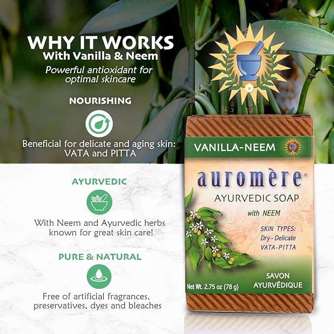 Auromere Ayurvedic Bar Soap, Vanilla Neem - Eco Friendly, Handmade, Vegan, Cruelty Free, Natural, Non GMO (2.75 oz), 2 pack
