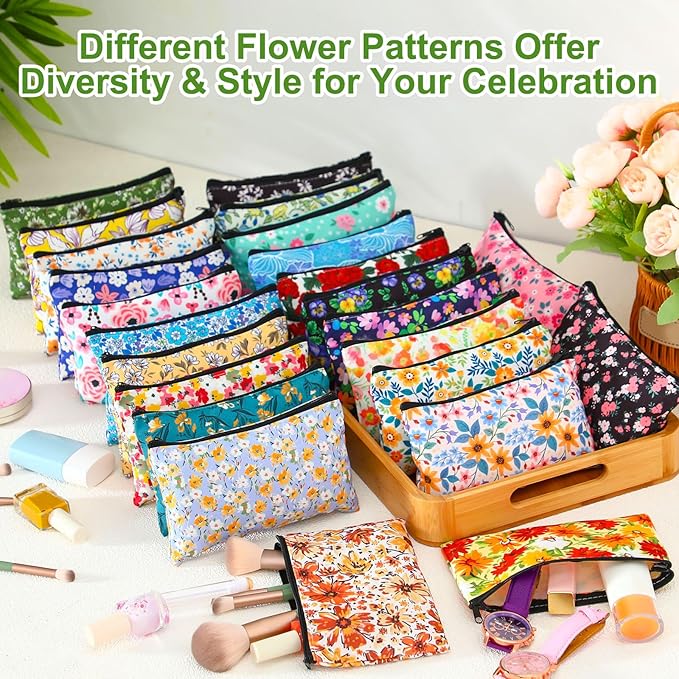24 Pieces Makeup Bags Bulk Canvas Cosmetic Bags Purse Organizer Zipper Cosmetic Pouch Portable Travel Toiletry Pouch for Women Men Gifts, 7 x 4 Inch (Flower)