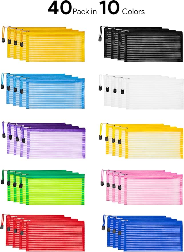 JARLINK 40 Pack 10 Colors Zipper Mesh Pouch, Storage Pencil Pouches, Multipurpose Pencil Pouch Bulk for School and Office Supplies, Cosmetics Travel Accessories, Multicolor