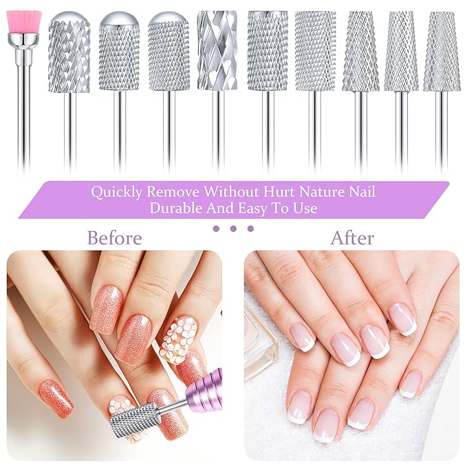 Honoson 10 Pcs Nail Drill Bits Set, 3/32 Inch Tungsten Carbide Bits for Nail Tech, File Remove Acrylic Gel Polish, Manicure Pedicure Tools for Salon Home Supplies(Silver)