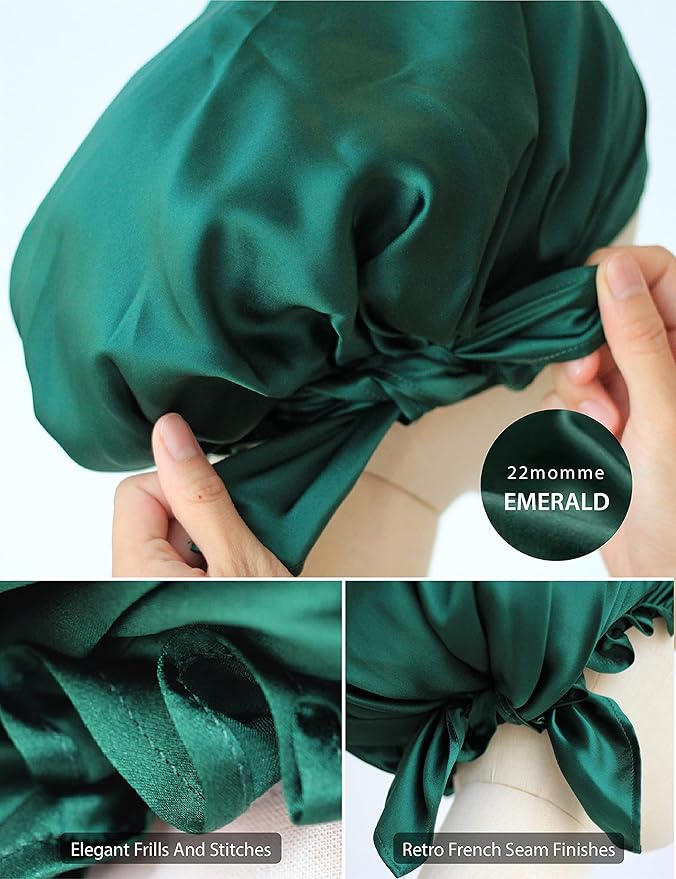 100% Silk Bonnet for Sleeping, Large Sleep Cap With Tie Band for Curly Hair Care, Hair Wrap (Emerald)