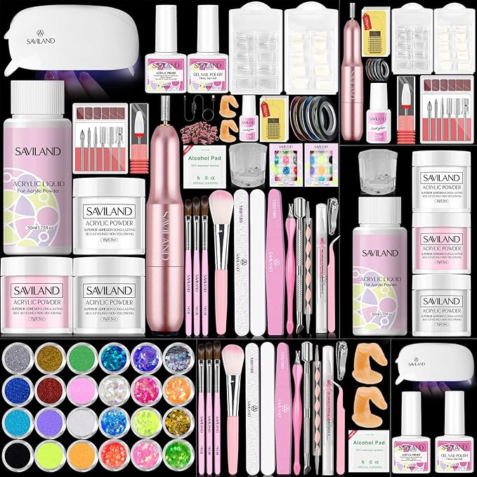 SAVILAND Acrylic Nail Kit with Drill: Starter Nails Kit Acrylic Set with Everything for Beginners Professional Nail Acrylic Kit with U V Light Acrylic Nail Kit for Beginners DIY Home Salon Women