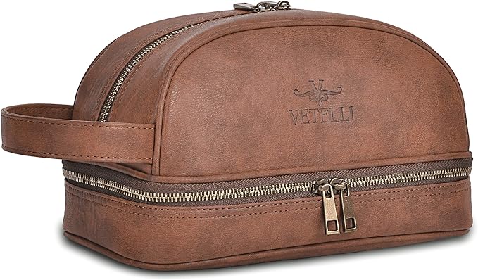 Vetell Classic Leather Men's Travel Toiletry Bag and Dopp Kit with Upper and Lower Zippered Compartments, 2 Mesh Bottle Pouches and Carrying Handle