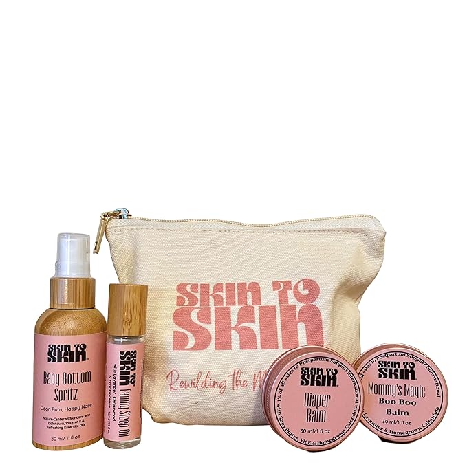 Skin to Skin New Baby Kit - 4 Piece Set in Cosmetic Bag - Organic Baby Butt Balm - Postpartum Essentials