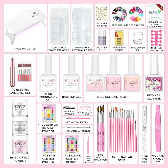 SAVILAND Acrylic Nail Kit with Nail Drill: Nails Kit Acrylic Set Professional Acrylic with Everything U V Light Nail Art Brush Glitter Nail Powder Nail Stuff for Home DIY Salon Use Christmas Gift Set